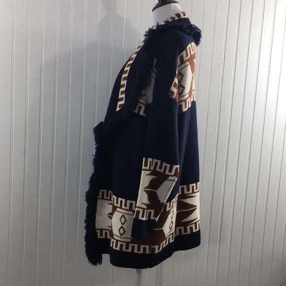 Cocogio Blue Brown Knit Aztec Cardigan Sweater Womens Small‎ Fringe Open Front - Picture 5 of 12